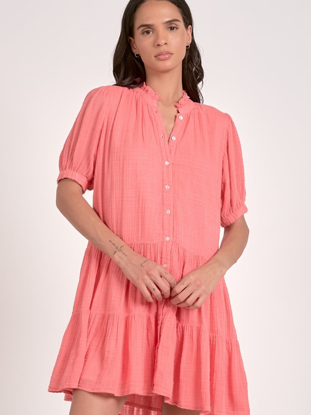 NWT-Coral Button-Front Tiered Gauze Mini Dress- Sz S, M & L